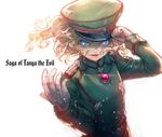 amulet arm_up blonde_hair blue_eyes boyaking copyright_name curly_hair gloves glowing glowing_eyes glowing_jewelry hat long_hair looking_at_viewer military military_uniform parted_lips simple_background solo tanya_degurechaff uniform white_background white_gloves youjo_senki 