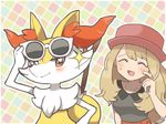  :d ^_^ black_shirt blonde_hair blush braixen closed_eyes closed_mouth commentary_request eyebrows_visible_through_hair gen_6_pokemon hand_up hat open_mouth pokemon pokemon_(game) pokemon_xy red_eyes red_hat sasa_kichi serena_(pokemon) shirt short_sleeves smile solo sparkle sunglasses 