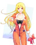  :d artist_name bad_id bad_pixiv_id bandeau blonde_hair bow breasts collarbone highres holding_bow jumpsuit large_breasts long_hair looking_at_viewer mamehara miru_eru navel open_mouth orange_jumpsuit plastic_memories red_bow red_eyes smile solo unzipped v very_long_hair 