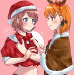  2girls :q ? adjusting_neckwear ahoge animal_costume antlers bangs blue_eyes blush bow bowtie braid brown_capelet brown_hair capelet christmas commentary_request crop_top flying_sweatdrops fur-trimmed_capelet fur-trimmed_shirt fur_trim hair_bow hair_ornament hat holding_another&#039;s_arm holly_hair_ornament love_live! love_live!_sunshine!! midriff minori_748 multiple_girls navel notice_lines orange_hair pink_background red_bow red_eyes red_neckwear red_shirt reindeer_antlers reindeer_costume santa_costume santa_hat shirt short_hair short_sleeves side_braid simple_background spoken_question_mark sweatdrop takami_chika tongue tongue_out upper_body watanabe_you 