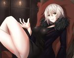  absurdres ass black_coat black_dress breasts coat crossed_legs dress eyebrows_visible_through_hair fate/grand_order fate_(series) fur-trimmed_coat fur_trim highres jeanne_d'arc_(alter)_(fate) jeanne_d'arc_(fate)_(all) large_breasts open_clothes open_coat open_mouth pillow refrain_gg short_dress short_hair silver_hair sitting thighs wicked_dragon_witch_ver._shinjuku_1999 yellow_eyes 