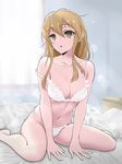  :o bed blonde_hair blush bra breasts collarbone eyebrows_visible_through_hair hair_between_eyes highres hikaru_ga_chikyuu_ni_itakoro light_rays long_hair looking_to_the_side medium_breasts messy_hair navel panties shikibu_honoka shingyo sitting solo stomach strap_slip underwear v_arms waking_up wariza white_bra white_panties window yellow_eyes 