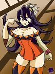  1girl absurdres black_hair boots breasts cerebella_(skullgirls) cerebella_(skullgirls)_(cosplay) cosplay dress extra_mouth filia_(skullgirls) frank_araya highres large_breasts living_hair off-shoulder_dress off_shoulder prehensile_hair red_eyes samson_(skullgirls) skullgirls thigh_boots thighhighs 