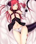  aqua_eyes armpits bed_sheet bow bow_panties breasts commentary_request detached_sleeves dragon_horns dragon_tail elizabeth_bathory_(fate) elizabeth_bathory_(fate)_(all) fang fate/extra fate/extra_ccc fate_(series) highres horns kano_(kanokano44) long_hair lying navel panties parted_lips pointy_ears red_hair small_breasts solo tail underwear white_panties 