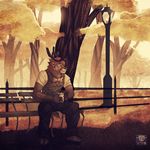  anthro bench biceps bow_tie brown_fur cervine clothed clothing deer detailed_background forest fully_clothed fur hair hi_res higsby_(character) male mammal muscular on_bench outside pants red_hair shirt sitting solo street_lamp sweater_vest tree vetrowolf 