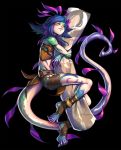  1girl blue_hair dakimakura estyy flower hair_flower hair_ornament league_of_legends lizard_girl lizard_tail multicolored_hair navel neeko_(league_of_legends) nidalee short_hair simple_background smile solo tail toeless_legwear yellow_eyes 