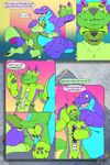  2017 3_toes 4_toes abstract_background absurd_res alligator animate_inanimate anthro black_nose black_pawpads bulge butt canine chompy_the_plush_gator claws clothing comic crocodilian dialogue digital_drawing_(artwork) digital_media_(artwork) dipstick_tail duo english_text fur fursuit gradient_background green_fur hi_res living_clothing living_fursuit living_plush male mammal markings multicolored_fur multicolored_tail nude open_mouth pawpads plushie purple_eyes purple_fur reptile rip_k scalie sequence simple_background smile speech_bubble teeth text toe_claws toes tongue transformation westhoff wolf yellow_eyes zipper 