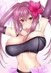  armpits breasts elbow_gloves fate_(series) flower gloves hair_flower hair_intakes hair_ornament hands_up head_tilt highres large_breasts long_hair looking_at_viewer navel purple_gloves purple_hair red_eyes sankakusui scathach_(fate)_(all) scathach_(fate/grand_order) twintails upper_body 