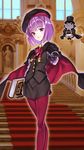  alternate_costume black_cape black_gloves black_hat black_jacket black_skirt black_vest blush book cape colonel_olcott_(fate/grand_order) commentary_request creature eyebrows_visible_through_hair fate/grand_order fate_(series) feet_out_of_frame gloves hat helena_blavatsky_(fate/grand_order) highres holding holding_book indoors jacket long_sleeves looking_at_viewer maroon_legwear matsuryuu medal multicolored multicolored_cape multicolored_clothes pantyhose pencil_skirt purple_eyes purple_hair red_cape shirt short_hair skirt smile solo stairs standing vest white_shirt 