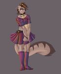  anthro choker clothed clothing collar crossdressing fluffy fluffy_tail girly hi_res hybrid jewelry legwear looking_at_viewer lunamoth male mammal manly midriff necklace procyonid raccoon red_eyes simple_background skunk socks solo tealmarket 
