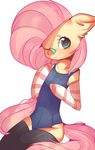 anthro anthrofied armwear blue_eyes blush breasts clothed clothing cyzarinefredek elbow_gloves equine female fluttershy_(mlp) friendship_is_magic gloves hair legwear looking_at_viewer mammal my_little_pony one_eye_closed pegasus pink_hair shirt simple_background sitting solo thigh_highs white_background wings wink 