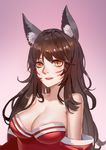  absurdres ahri animal_ears bare_shoulders breasts cat_ears cecilia_(oshigoto_boshuuchuu) cleavage facial_mark fox_ears highres large_breasts league_of_legends long_hair looking_at_viewer mole mole_under_eye pink_background solo upper_body whisker_markings yellow_eyes 