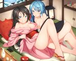  bangs bare_legs black_hair blue_eyes blue_hair blush bottle breasts cellphone cleavage closers hallohi highres indoors japanese_clothes long_hair looking_at_viewer lying medium_breasts multiple_girls nipples no_bra obi obijime off_shoulder on_back on_side parted_bangs phone pillow reclining sake_bottle sandals sash smartphone smile snow violet_(closers) window winter yuri_seo 