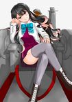  black_hair boots chair cross-laced_footwear crossed_legs esora_neko feet_out_of_frame grey_legwear grin hairband head_tilt highres kantai_collection lace-up_boots long_hair looking_at_viewer multicolored_hair naganami_(kantai_collection) parted_lips pink_hair remodel_(kantai_collection) school_uniform sitting smile solo thighhighs two-tone_hair wavy_hair white_hairband 
