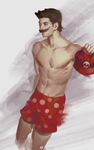  abs blue_eyes brown_hair chest facial_hair hat hat_removed headwear_removed highres holding holding_hat male_focus male_swimwear mario mario_(series) mustache polka_dot realistic shirtless solo str_(str2016) super_mario_bros. super_mario_odyssey swim_trunks swimwear weibo_username 
