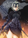 ahoge armor armored_dress backlighting bangs banner black_dress blonde_hair breasts collar corset cowboy_shot dark_bride dress dual_wielding eyebrows_visible_through_hair fate/grand_order fate_(series) fire flame gauntlets headphones holding holding_sword holding_weapon jeanne_d'arc_(alter)_(fate) jeanne_d'arc_(fate)_(all) large_breasts light_particles looking_at_viewer nandz parted_lips shiny shiny_hair short_dress short_hair solo standing sword thighs underbust v-shaped_eyebrows weapon yellow_eyes 