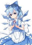  ahoge alternate_costume apron bangs blue_bow blue_dress blue_wings blush bow breast_conscious cirno cowboy_shot detached_wings dress enmaided flat_chest frilled_apron frilled_dress frills hair_between_eyes hair_bow ice ice_wings looking_down maid neck_ribbon puffy_short_sleeves puffy_sleeves red_neckwear red_ribbon ribbon shiny shiny_skin shirt short_sleeves simple_background solo standing tareme touhou waist_apron white_apron white_background white_shirt wings yuxian_youka 