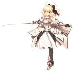  1girl ahoge armor armored_dress artoria_pendragon_(all) black_ribbon blonde_hair caliburn dress fate/grand_order fate/stay_night fate/unlimited_codes fate_(series) full_body gauntlets green_eyes highres holding holding_sword holding_weapon looking_at_viewer official_art ribbon saber saber_lily simple_background solo sword takeuchi_takashi transparent_background weapon white_dress 