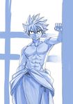  bare_chest bath_yukata blue clenched_hand contrapposto cowboy_shot fairy_tail japanese_clothes kimono kimono_pull looking_at_viewer male_focus mashima_hiro monochrome muscle natsu_dragneel nipples scar shirtless smile solo spiked_hair standing yukata 