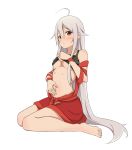  ahoge barefoot blush breasts chiya_(urara_meirochou) collarbone feet full_body highres lifted_by_self long_hair looking_at_viewer medium_breasts motsutoko navel no_bra open_mouth red_eyes shirt_lift silver_hair simple_background sitting solo toes underboob urara_meirochou very_long_hair white_background 