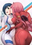  2girls absurdres ass blue_eyes blue_hair bodysuit breast_press breasts covered_navel crow_aberdeen darling_in_the_franxx dated green_eyes highres horns ichigo_(darling_in_the_franxx) licking long_hair medium_breasts multiple_girls pilot_suit pink_hair red_bodysuit short_hair signature symmetrical_docking tongue tongue_out white_bodysuit yuri zero_two_(darling_in_the_franxx) 