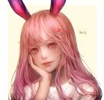  animal_ears artist_name bangs blush bunny_ears chin_rest closed_mouth eyelashes face food_themed_hair_ornament hair_ornament hand_on_own_cheek head_tilt highres lips long_hair looking_at_viewer original shal.e shirt simple_background smile solo strawberry_hair_ornament upper_body white_shirt yellow_background 
