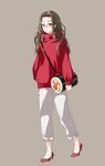  arms_at_sides bag blush brown_background brown_hair buckle casual closed_mouth food food_themed_bag forehead full_body glasses high_heels highres long_hair long_sleeves looking_at_viewer makizushi naruse_chisato original pants pants_rolled_up purple_eyes red-framed_eyewear red_footwear red_sweater shoulder_bag simple_background sleeves_past_wrists smile solo sushi sweater tareme themed_object turtleneck turtleneck_sweater walking wavy_hair white_pants 