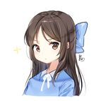  bad_id bad_pixiv_id blue_bow blue_shirt blush bow brown_eyes brown_hair closed_mouth collared_shirt commentary_request hair_bow idolmaster idolmaster_cinderella_girls long_hair looking_at_viewer moong_gya shirt signature simple_background solo sparkle tachibana_arisu v-shaped_eyebrows white_background 