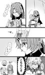  :&lt; blush braid choker closed_eyes comic crying detached_sleeves fate/apocrypha fate/grand_order fate_(series) frankenstein's_monster_(fate) glasses greyscale hair_ornament hair_scrunchie highres holding horn horns jekyll_and_hyde_(fate) kyouna looking_at_another monochrome mordred_(fate) mordred_(fate)_(all) multiple_girls open_mouth ponytail scrunchie short_hair sweat translation_request veil yuri 