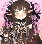 black_dress black_hair blush chibi commentary_request dress fate/grand_order fate_(series) fur_trim happy_valentine heart long_dress long_hair matsushita_yuu open_mouth pink_background pointy_ears semiramis_(fate) surprised translated valentine yellow_eyes 