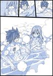  1boy 1girl black_border blue border bubble chest_tattoo comic covering covering_breasts fairy_tail gray_fullbuster japanese_clothes juvia_lockser kimono long_hair looking_at_another mashima_hiro monochrome onsen partially_submerged scar silent_comic sitting smile spiked_hair steam tattoo wavy_hair wet 