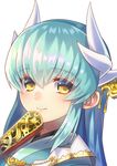  aqua_hair bangs blush closed_mouth eyebrows_visible_through_hair fan fate/grand_order fate_(series) folding_fan gold horns kiyohime_(fate/grand_order) lips long_hair looking_at_viewer minamo25 shiny shiny_hair simple_background smile solo straight_hair upper_body white_background yellow_eyes 
