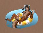  4_toes 5_fingers amber_eyes anthro beverage black_fur black_hair brown_fur canine chest_tuft clothed clothing cup digitigrade f-r95 fur hair hi_res holding_cup inner_tube looking_at_viewer male mammal multicolored_fur nipples rusty_wollef short simple_background solo swimming_trunks swimsuit toes tongue tongue_out topless tuft water wolf 
