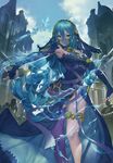  absurdres aqua_(fire_emblem_if) armor armpits bare_shoulders blue_bow blue_dress blue_gloves blue_hair bow breasts building closed_mouth cloud day dress elbow_gloves feet_out_of_frame fingerless_gloves fire_emblem fire_emblem_if gloves green_eyes hair_between_eyes hair_tubes hairband highres hydrokinesis knight long_hair looking_at_viewer low-tied_long_hair magician_(china) md5_mismatch medium_breasts outdoors outstretched_arms purple_legwear see-through single_thighhigh small_breasts smile solo_focus spread_arms thigh_strap thighhighs v-shaped_eyebrows veil very_long_hair water 