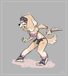  2017 4_fingers angry anthro bandanna bone breasts canine chowsie_(schmuccubus) cleavage clothed clothing digital_media_(artwork) dog english_text female fur hair hi_res knife leaning leaning_forward looking_at_viewer mammal midriff multicolored_fur pose purple_eyes schmuccubus shirt short_hair shorts simple_background solo tank_top text two_tone_fur white_fur 