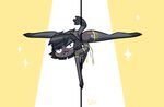  2017 anthro black_fur black_hair breasts cat dancing digital_media_(artwork) ecaflip feline female fur hair kijiji_(schmuccubus) looking_at_viewer mammal pole pole_dancing schmuccubus simple_background slit_pupils small_breasts smile spread_legs spreading thing_highs tongue tongue_out 