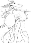  1girl alternate_breast_size breast_expansion breasts breasts_outside cleavage dragon&#039;s_crown gigantic_breasts highres lactation long_hair matsu-sensei monochrome nipples sorceress_(dragon&#039;s_crown) witch_hat 