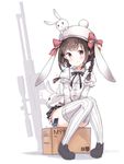  absurdres animal_bag animal_ears animal_hat bag bangs black_footwear black_skirt blush bow box braid bunny_ears bunny_hat cardboard_box cellphone character_name closed_mouth commentary_request ears_down eyebrows_visible_through_hair girls_frontline gun hat hat_bow head_tilt highres long_sleeves looking_at_viewer low_twintails m99_(girls_frontline) object_namesake on_box phone pleated_skirt puffy_short_sleeves puffy_sleeves red_bow red_eyes ribbed_legwear shirt shoes short_over_long_sleeves short_sleeves shoulder_bag sidelocks sitting sitting_on_box skirt smartphone smile sobmarine solo striped striped_bow striped_legwear thighhighs twin_braids twintails vertical-striped_legwear vertical_stripes weapon white_hat white_legwear white_shirt zijiang_m99 