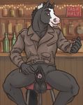  2016 5_fingers absurd_res animal_genitalia animal_penis anthro balls bar bar_stool beckoning black_fur bottle bottomless brown_eyes chewycuticle clothed clothing detailed_background digital_media_(artwork) english_text equine equine_penis flaccid front_view fully_sheathed fur hi_res holding_sheath horse jacket looking_at_viewer male mammal penis presenting sheath sheath_play sitting solo spreading text thunder-hoof white_fur 