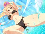  ball beachball bikini bird blonde_hair breasts grin large_breasts long_hair looking_at_viewer navel ocean official_art palm_tree red_eyes senran_kagura senran_kagura_new_link smile solo souji_(senran_kagura) swimsuit tree water yaegashi_nan 