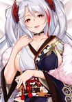  azur_lane bed_sheet blush breasts cleavage collarbone cowboy_shot dakimakura japanese_clothes kimono large_breasts looking_at_viewer mole mole_on_breast multicolored_hair obi open_mouth prinz_eugen_(azur_lane) red_eyes red_hair sash silver_hair tony_guisado twintails two-tone_hair 