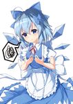  ahoge alternate_costume apron bangs blue_bow blue_dress blue_wings blush bow breast_conscious cirno cowboy_shot detached_wings dress enmaided flat_chest frilled_apron frilled_dress frills hair_between_eyes hair_bow ice ice_wings looking_down maid neck_ribbon puffy_short_sleeves puffy_sleeves red_neckwear red_ribbon ribbon shiny shiny_skin shirt short_sleeves simple_background solo speech_bubble spoken_squiggle squiggle standing tareme touhou waist_apron white_apron white_background white_shirt wings yuxian_youka 