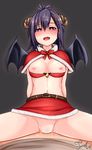  1girl [joosi] artist_name asymmetrical_bangs bangs belt blush bow bra bra_pull breasts capelet christmas cowgirl_position demon_girl demon_horns demon_wings gabriel_dropout girl_on_top hair_ornament hairclip heart heart-shaped_pupils hetero highres horns looking_at_viewer medium_breasts miniskirt nipples nose_blush open_mouth pov pubic_hair purple_eyes purple_hair pussy_juice red_bow red_bra red_capelet red_skirt sex short_hair skirt solo_focus spread_legs straddling symbol-shaped_pupils tsukinose_vignette_april underwear vaginal wings x_hair_ornament 