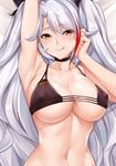  azur_lane bed_sheet bikini bikini_top black_bikini blush breasts cleavage closed_mouth collarbone cowboy_shot dakimakura large_breasts looking_at_viewer mole mole_on_breast multicolored_hair navel prinz_eugen_(azur_lane) red_eyes red_hair silver_hair stomach swimsuit tongue tongue_out tony_guisado twintails two-tone_hair 