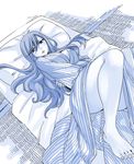  barefoot bath_yukata blue breasts cleavage erza_scarlet fairy_tail futon japanese_clothes kimono long_hair looking_at_viewer lying mashima_hiro medium_breasts monochrome on_back parted_lips solo tatami yukata 