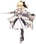  1girl ahoge armor armored_dress artoria_pendragon_(all) black_ribbon blonde_hair caliburn dress fate/grand_order fate/stay_night fate/unlimited_codes fate_(series) full_body gauntlets green_eyes highres holding holding_sword holding_weapon looking_at_viewer official_art ribbon saber saber_lily simple_background solo sword takeuchi_takashi transparent_background weapon white_dress 