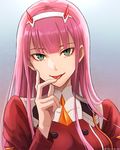  bangs darling_in_the_franxx finger_licking green_eyes hairband head_tilt horns jacket licking long_hair looking_at_viewer military military_uniform pink_hair red_jacket rochika_(ya_y_a_ya) smile solo tongue tongue_out uniform upper_body zero_two_(darling_in_the_franxx) 