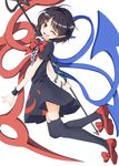 :d ahoge arm_snake asymmetrical_wings bangs black_dress black_hair black_legwear blue_wings bow bowtie dress eyebrows_visible_through_hair frills full_body highres houjuu_nue legs_up looking_at_viewer mary_janes medium_hair mimottei nue_day one_eye_closed open_mouth pointy_ears polearm red_bow red_eyes red_footwear red_neckwear red_wings shoe_bow shoes short_dress short_sleeves simple_background smile snake solo sweatband thighhighs touhou trident weapon white_background wings wristband 