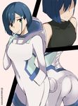  ass bangs banned_artist black_shirt blue_hair bodysuit closed_mouth collarbone commentary_request darling_in_the_franxx green_eyes hand_to_own_mouth head_tilt ichigo_(darling_in_the_franxx) looking_at_viewer pilot_suit shirt short_hair skin_tight sleeveless sleeveless_shirt solo tasora twitter_username white_bodysuit 