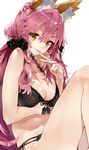  :p absurdres animal_ears arm_under_breasts bangs bare_arms bare_shoulders black_bra black_panties black_ribbon bra breast_hold breasts cleavage closed_mouth eyebrows_visible_through_hair fate/extra fate_(series) feet_out_of_frame fox_ears frills front-hook_bra hair_between_eyes hair_ornament highres knee_up kou_mashiro large_breasts lingerie long_hair looking_at_viewer nail_polish panties pink_nails ribbon shiny shiny_hair shiny_skin sitting skindentation smile solo tamamo_(fate)_(all) tamamo_no_mae_(fate) thighs tongue tongue_out underwear v v-shaped_eyebrows yellow_eyes 